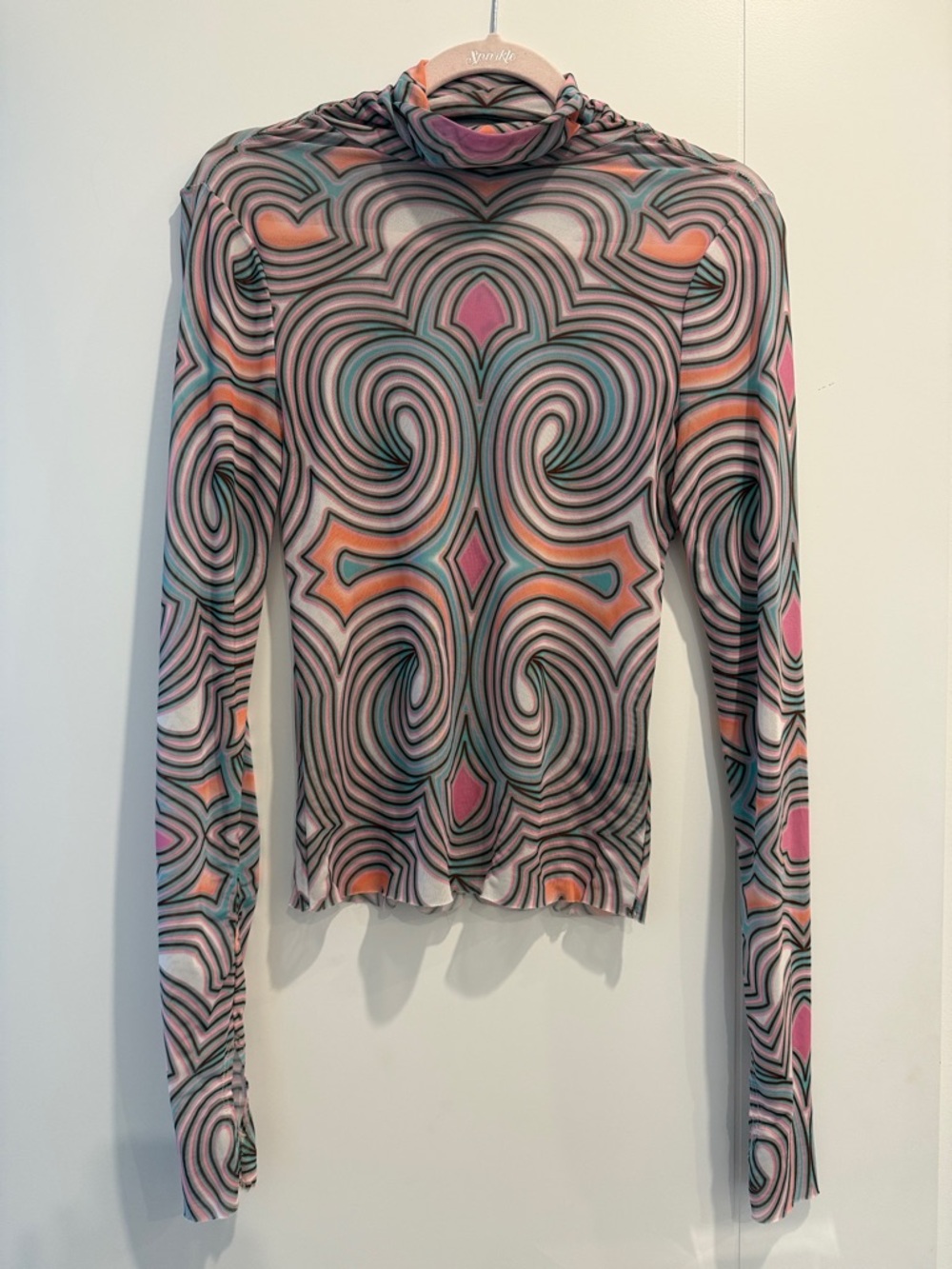 Abstract Swirl Mesh Long-Sleeve Top - Pink/Teal